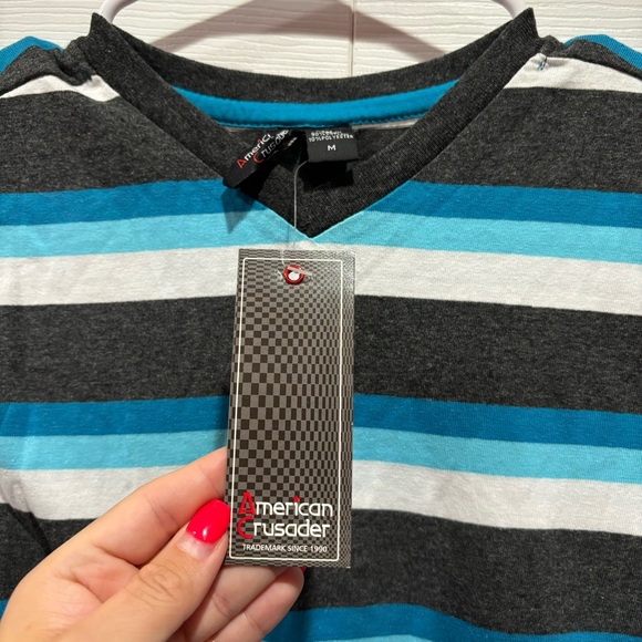 AMERICAN CRUSADER Boy’s Striped Short Sleeve V Neck Tee T Shirt Top - size M - Picture 3 of 4